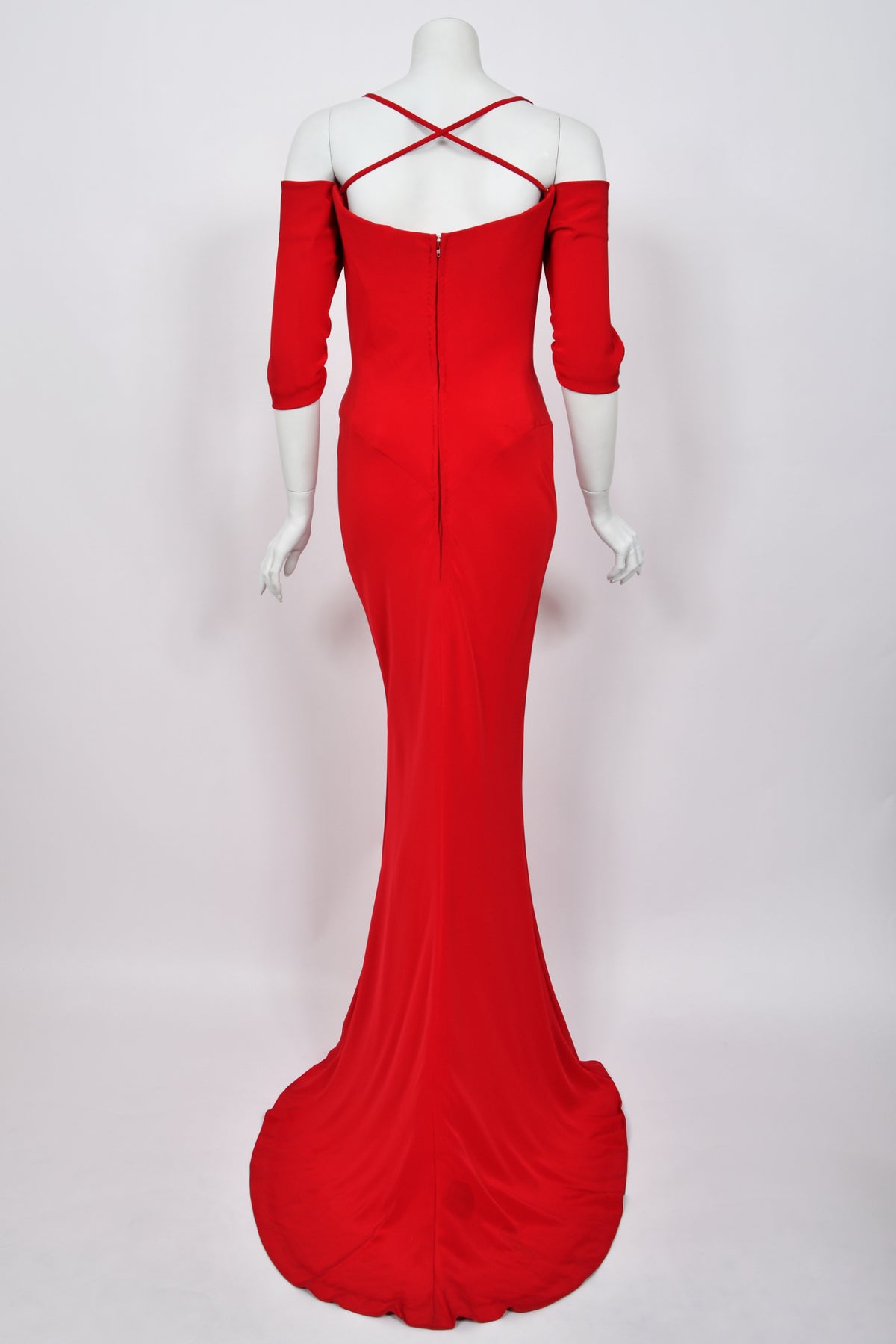 2000 Raquel Welch Custom Couture Ruby-Red Silk Bustier Hourglass Trained Gown