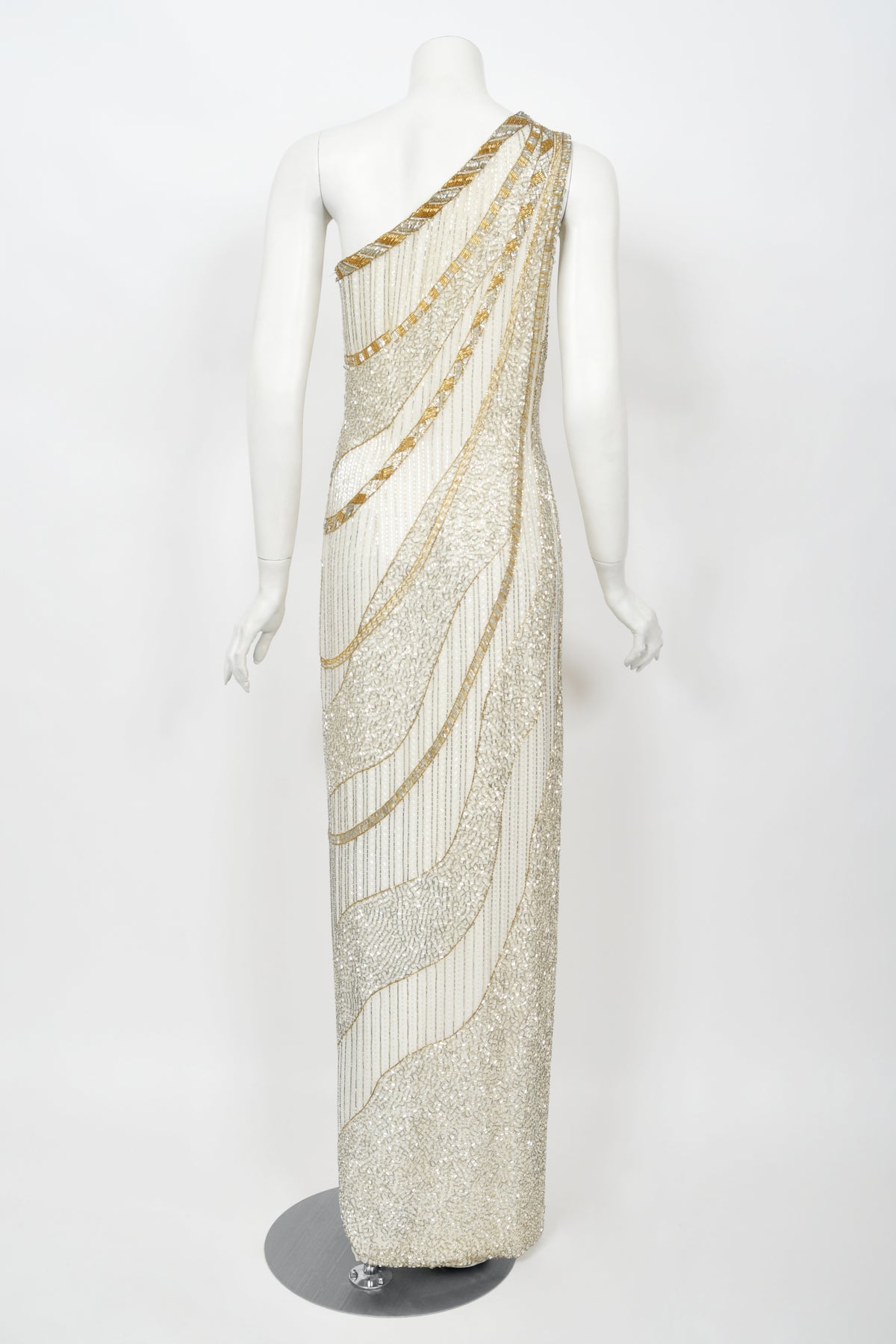 1984 Bob Mackie Couture Ivory Beaded Silk One-Shoulder Goddess Gown