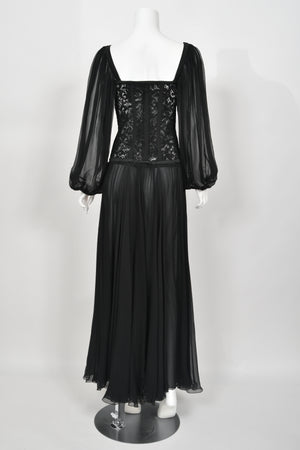 1988 Yves Saint Laurent Documented Black Sheer Silk & Boned Lace Bustier Dress