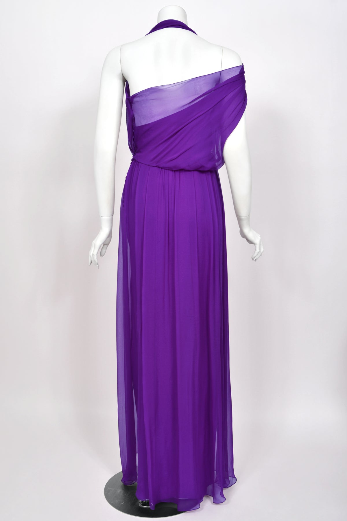 2011 Christian Dior by John Galliano Royal Purple Sheer Silk Low-Cut Asymmetric Goddess Gown