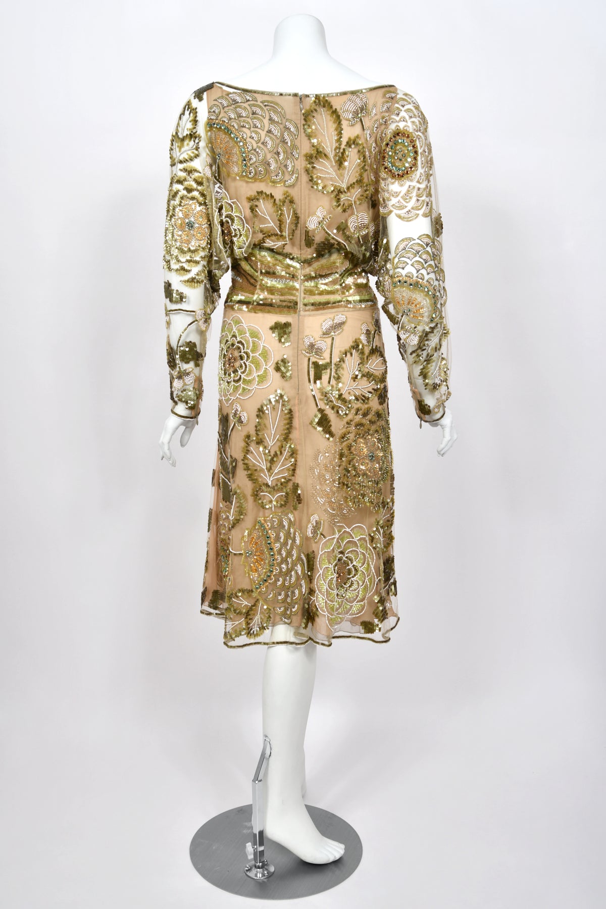 2003 Valentino Runway Heavily Embellished Jeweled Low Cut Nude-Illusion Sheer Net Dress