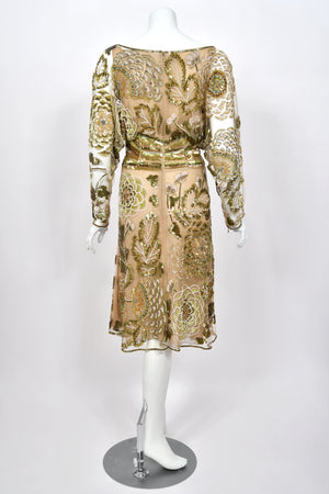 2003 Valentino Runway Heavily Embellished Jeweled Low Cut Nude-Illusion Sheer Net Dress