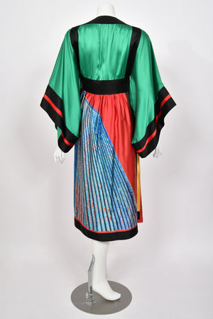 1977 Ungaro Haute Couture Runway Colorful Silk Kimono-Sleeve Tunic Blouse & Skirt Ensemble
