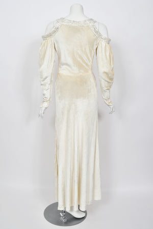 1930's Beaded Ivory Silk-Velvet Cut Out Shoulders Bias-Cut Old Hollywood Gown