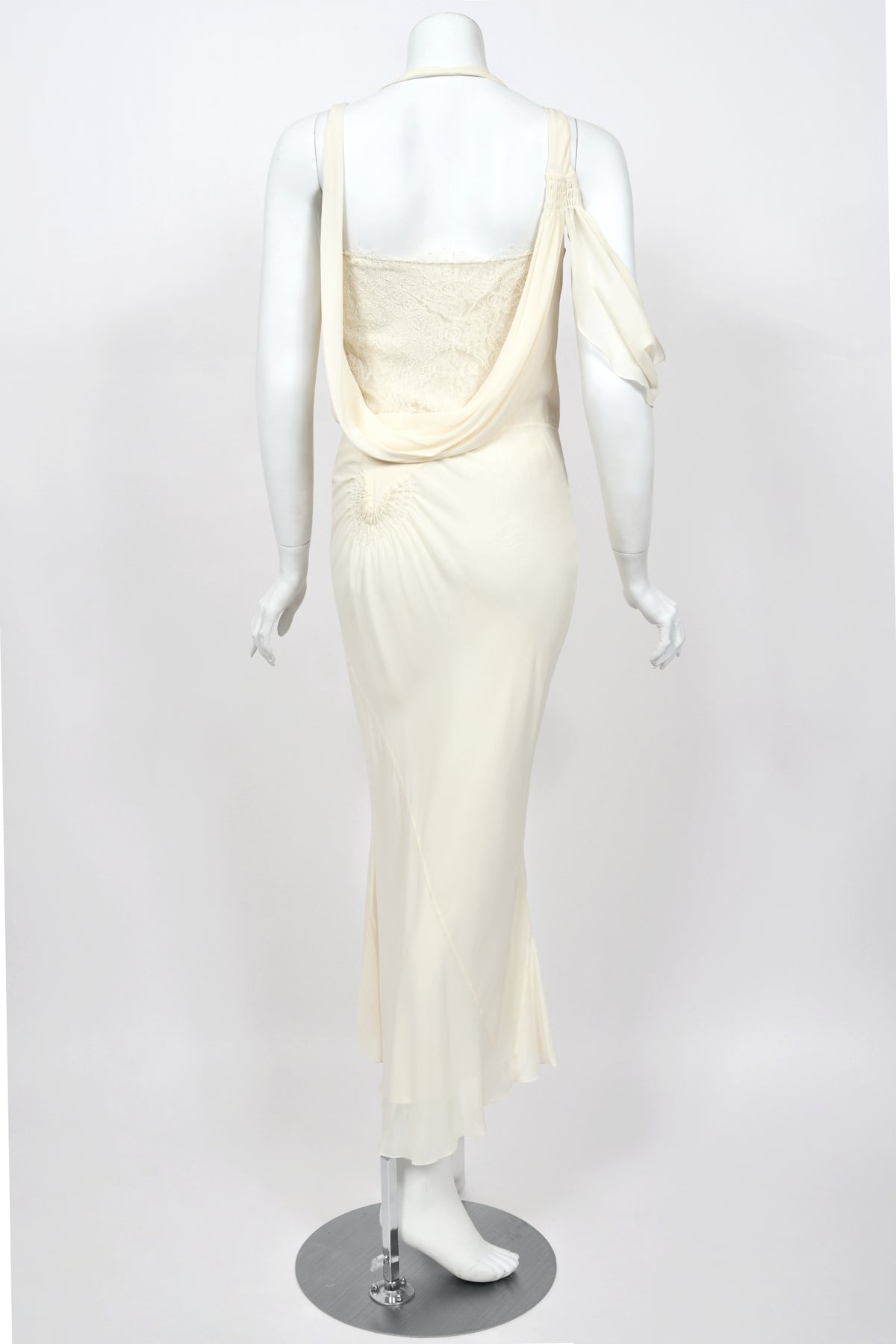 2005 John Galliano Ivory Sheer Silk Chiffon &amp; Chantilly Lace Draped Halter Bias-Cut Gown