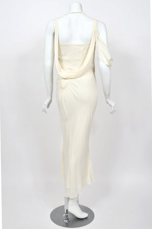 2005 John Galliano Ivory Sheer Silk Chiffon & Chantilly Lace Draped Halter Bias-Cut Gown