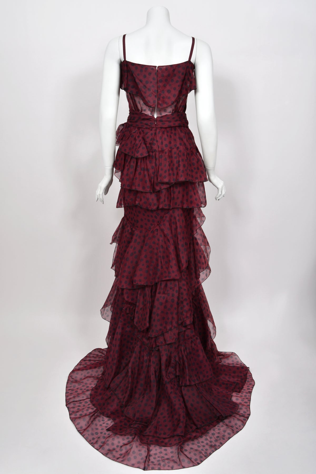 2011 Nina Ricci Editorial Burgundy & Black Polka-Dot Silk Tiered Ruffle Trained Gown w/ Tags