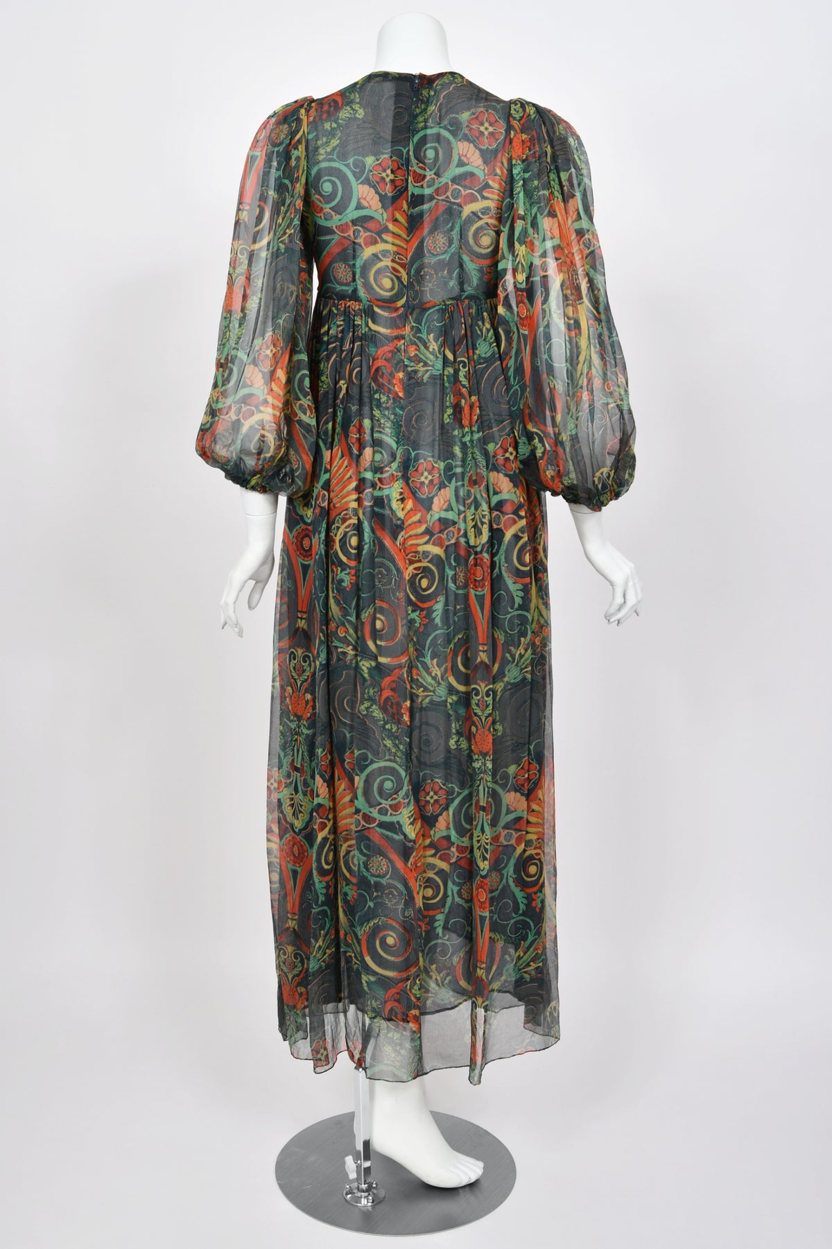 1971 Thea Porter Couture Green Art Nouveau Motif Silk Billow-Sleeve Maxi Dress