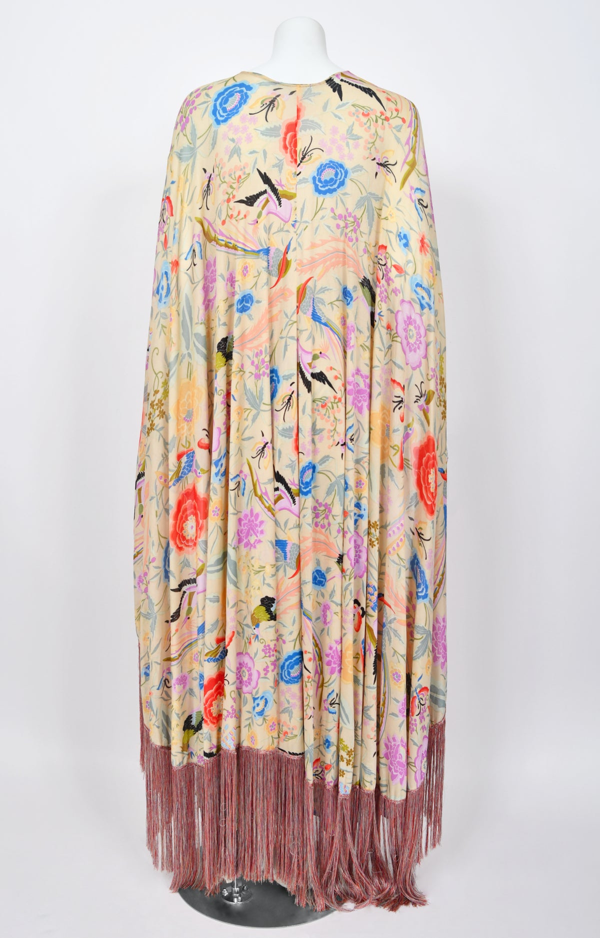 1971 Missoni Couture Colorful Floral Bird Print Silk-Jersey Caftan Gown