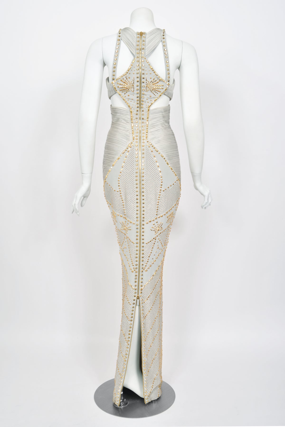 2012 Versace Runway Gold Studded Pale Dove Gray Silk Jersey Hourglass Gown