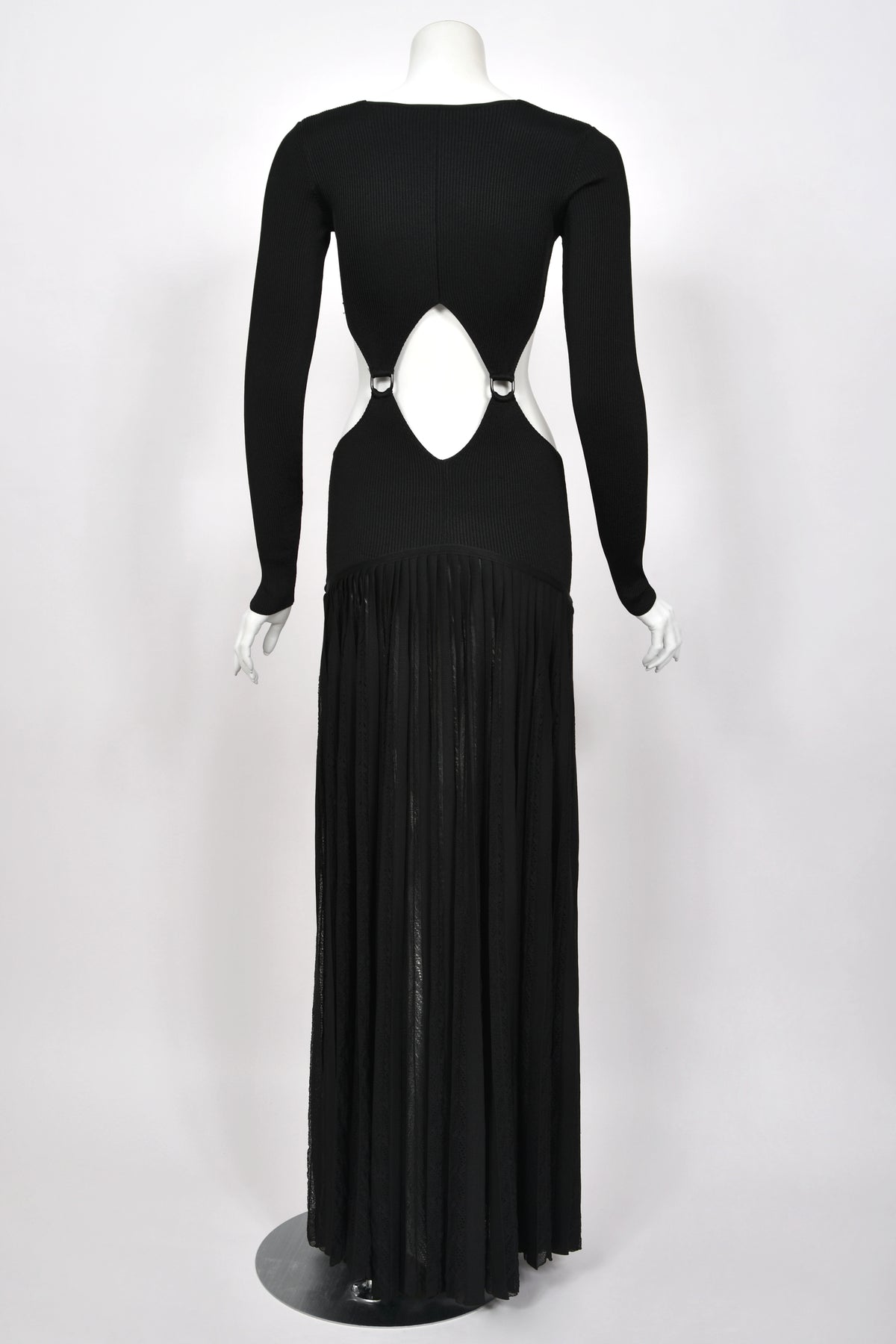 2018 Roberto Cavalli Runway Black Stretch Knit Long Sleeve Cut-Out High Slit Maxi Dress