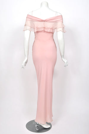 2004 Christian Dior by John Galliano Light Pink Silk Draped Shawl High Slit Bias-Cut Gown