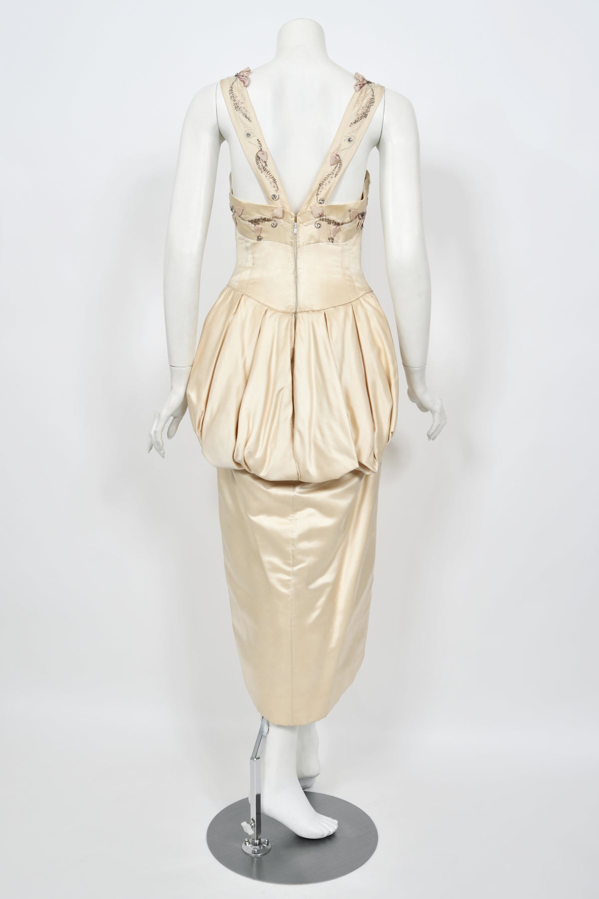 1950&#39;s Candlelight Satin Beaded Appliqué Skirted Hourglass Custom Couture Dress