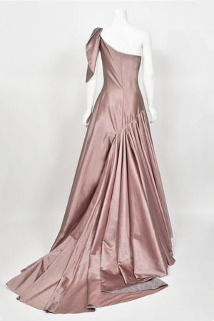 2003 Givenchy Mauve Pink Silk Asymmetric One-Shoulder Full Skirt Trained Gown