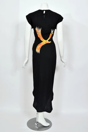 1946 Jourdelle of Hollywood Documented Novelty Firebirds Black Crepe Draped Gown