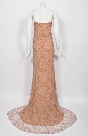 2006 Christian Dior by John Galliano Nude Illusion Floral Lace Trained Lingerie Gown