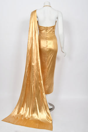 1950's Yma Sumac Custom Couture Old Hollywood Metallic Gold Hourglass Trained Dress