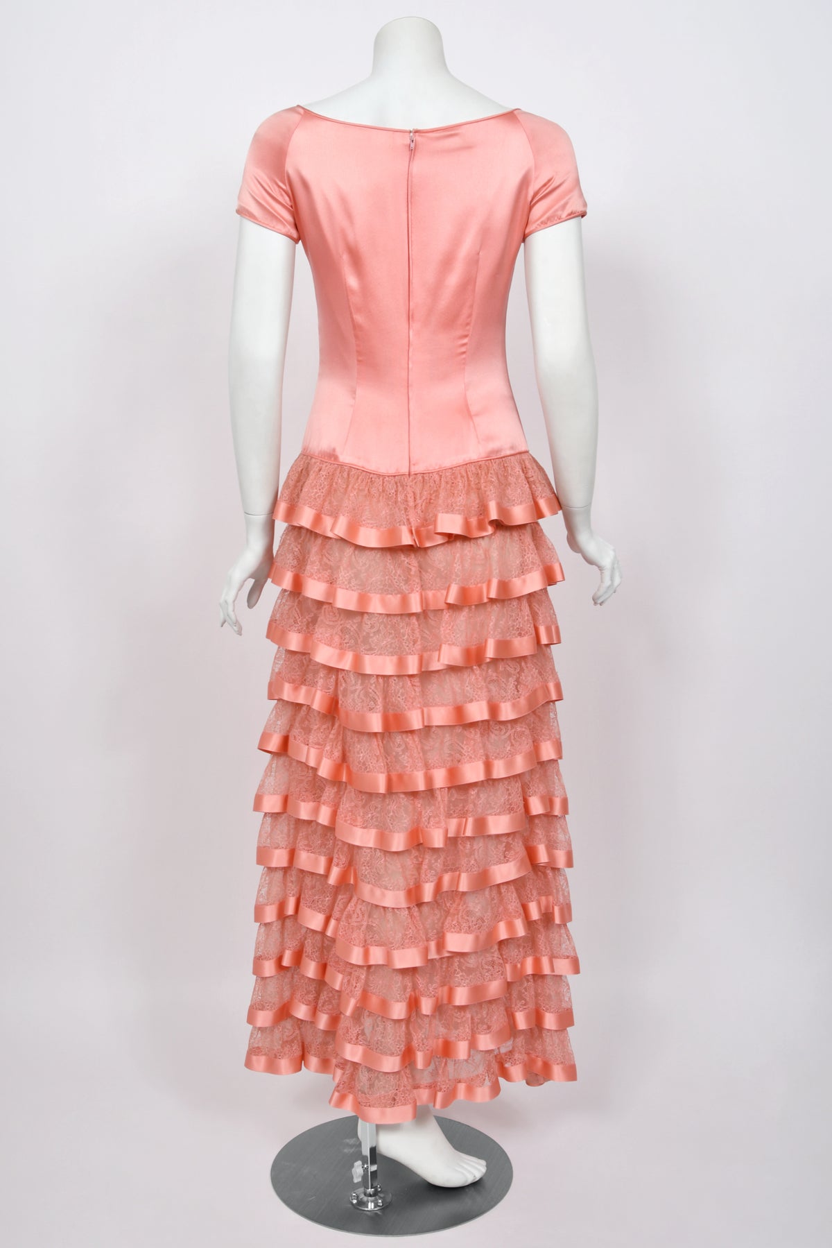 1993 Valentino Runway Blush Pink Silk &amp; Sheer Chantilly-Lace Tiered Ruffle Maxi Dress