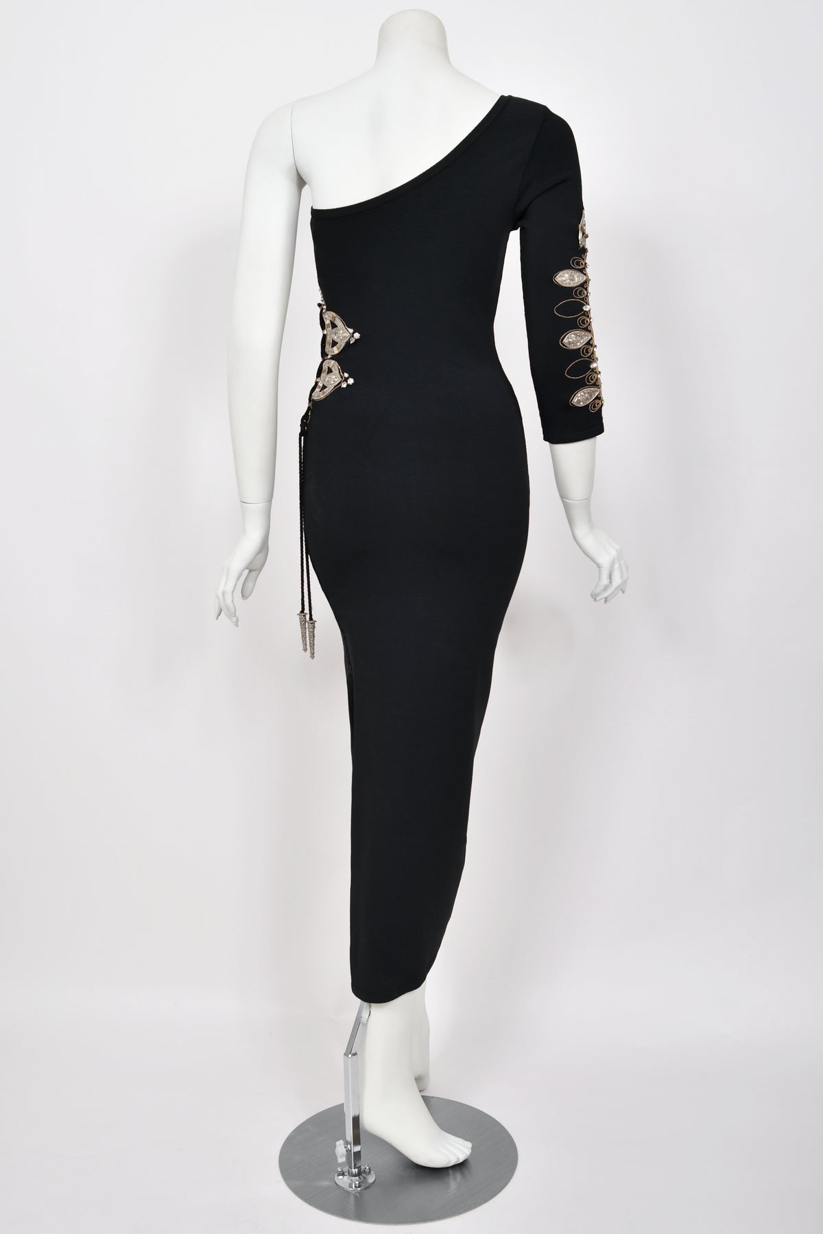 1994 Christian Dior Runway Metallic Embroidered Black Stretch Silk One-Sleeve Hourglass Dress
