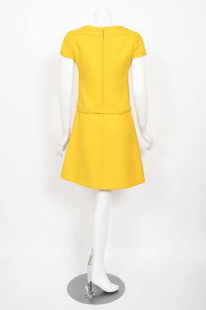 1968 André Courrèges Couture Yellow Wool Belted Space-Age Mod Dress