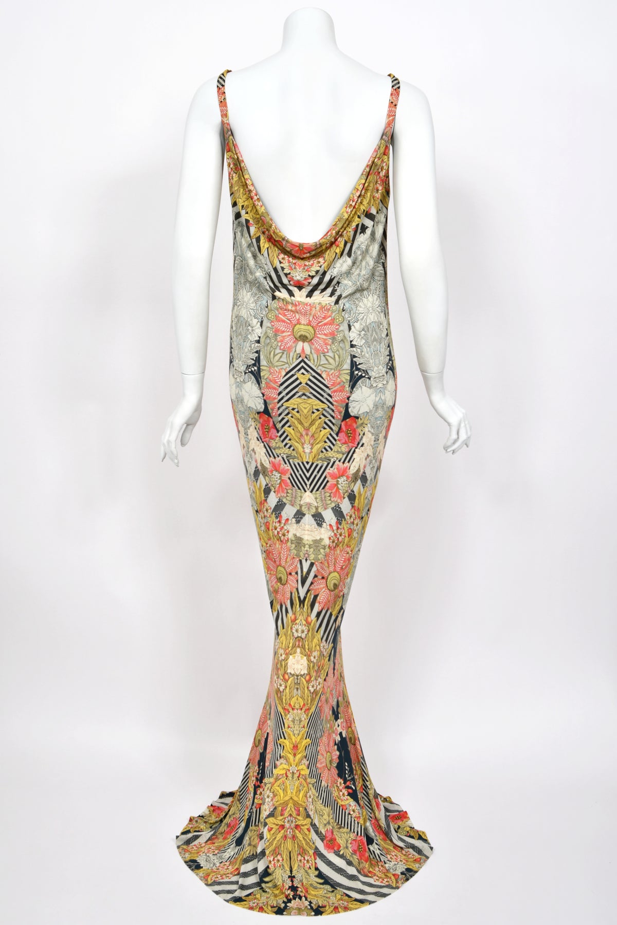 2011 Alexander McQueen 'Folklore Fin' Floral Stripe Print Draped Bias-Cut Gown w/ Shawl