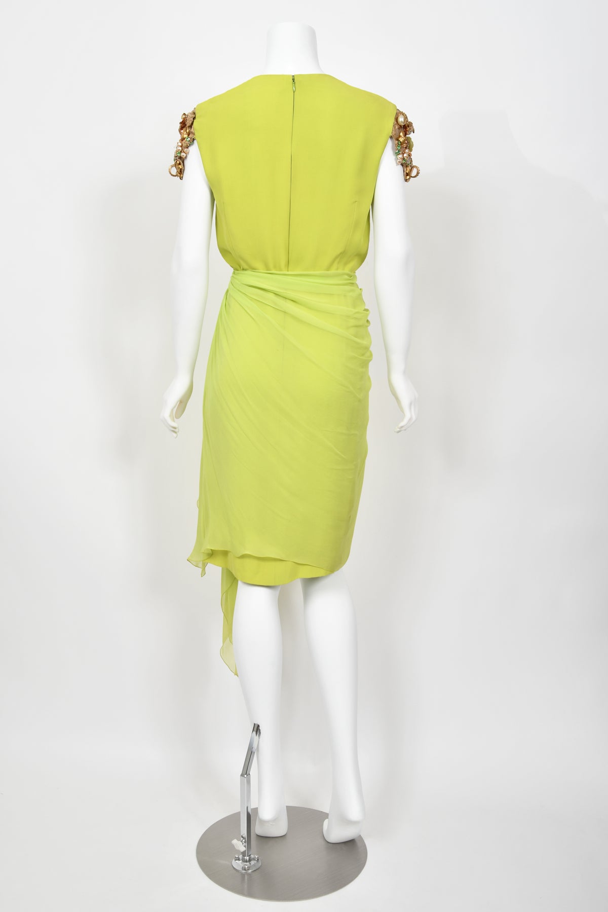 1991 Christian Dior by Gianfranco Ferré Chartreuse Silk Metallic Beaded Draped Dress
