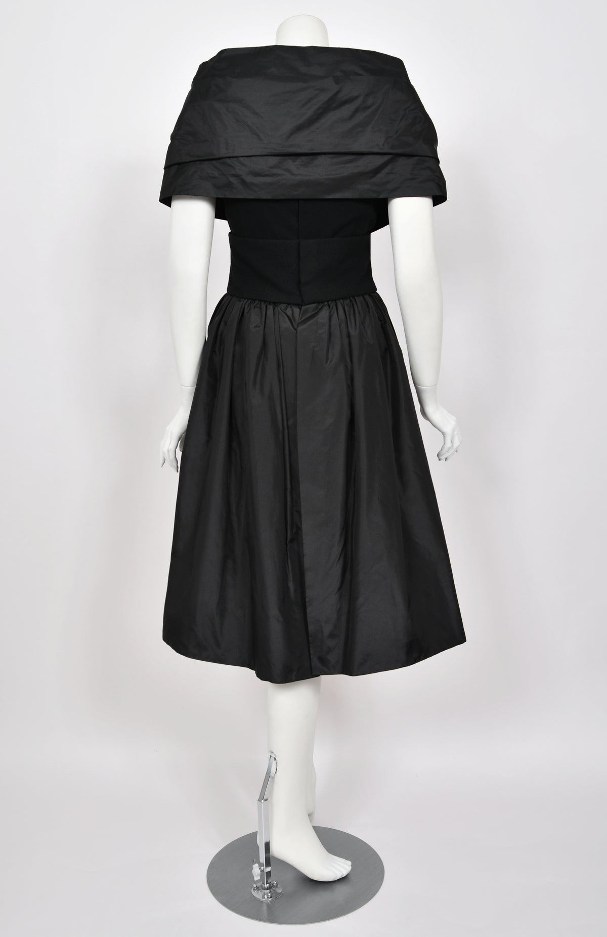 1956 Christian Dior Demi-Couture Black Silk Portrait Collar Skirted Cocktail Dress