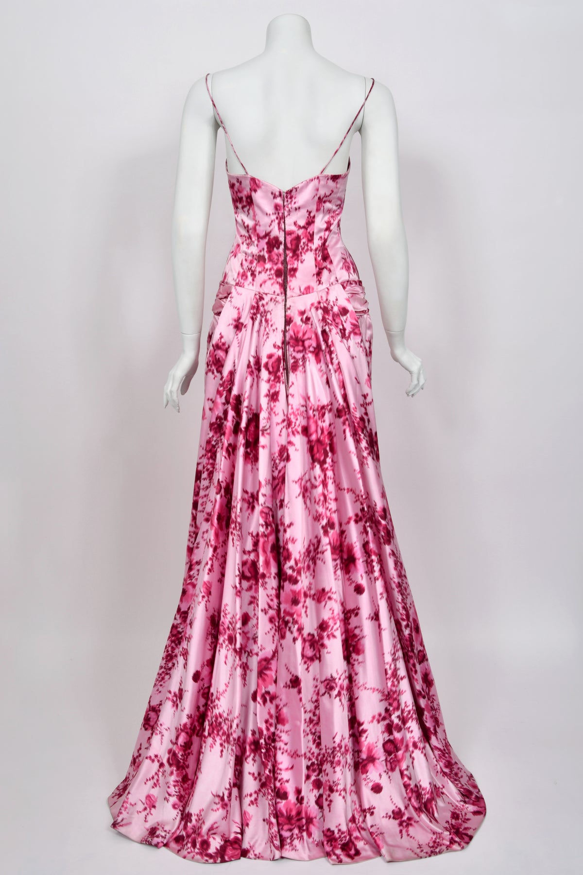 1955 Samuel Winston Vogue Documented Pink Floral Silk Satin Sculptural Trained Gown
