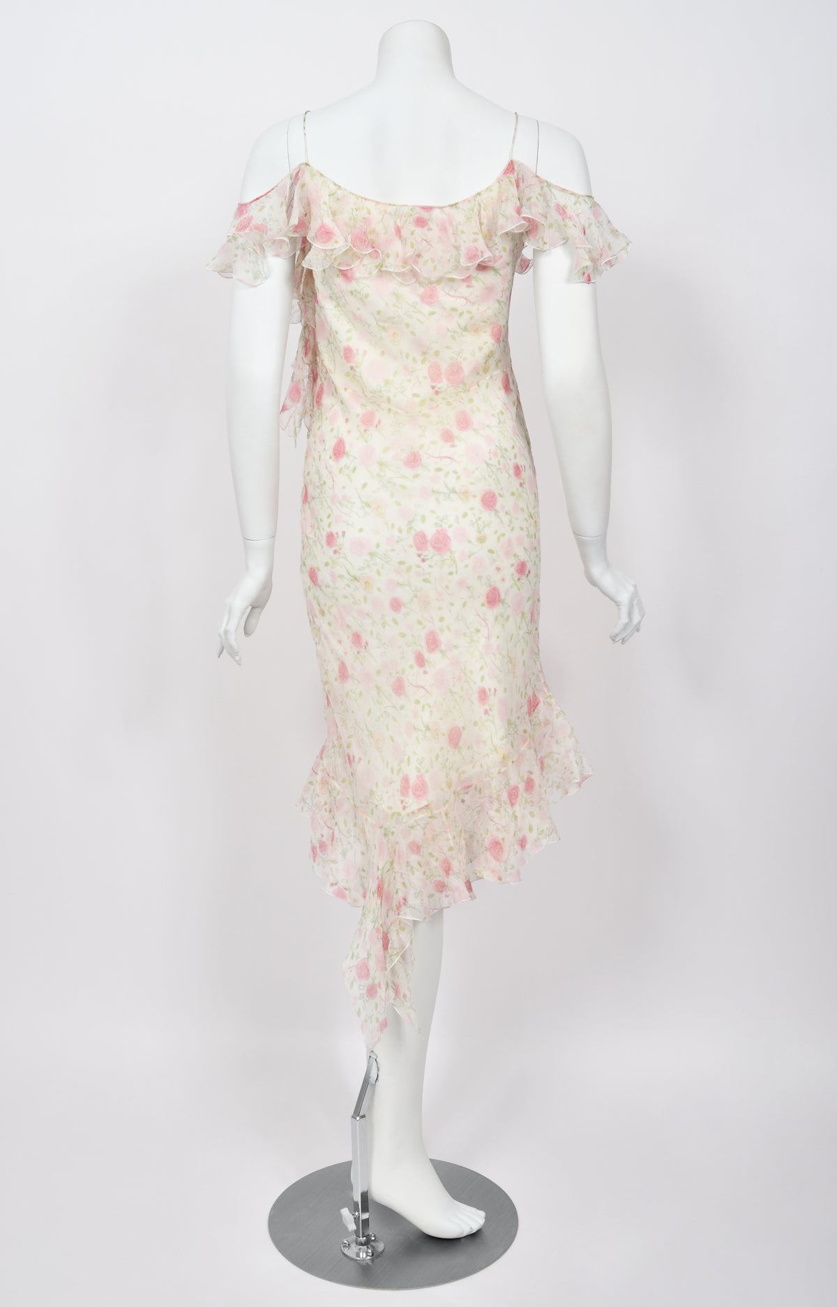 1999 Christian Dior by John Galliano Pink Roses Print Silk Off Shoulder Bias-Cut Dress