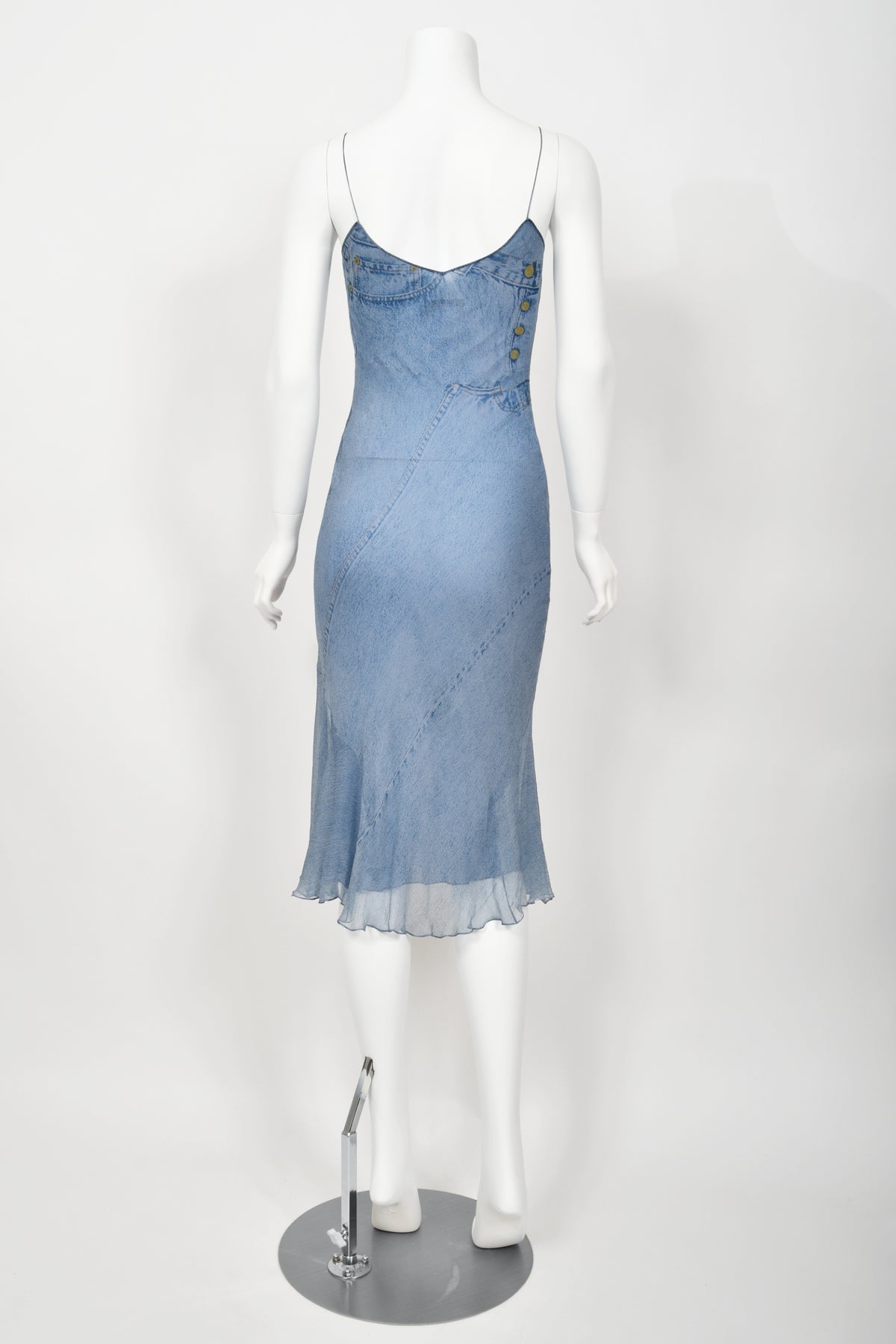 2000 Christian Dior by John Galliano Trompe L&#39;oeil Denim Print Silk Bias-Cut Dress