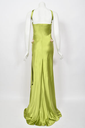 2005 Valentino Runway Chartreuse Silk Draped-Pearls Reverse Halter Glamour Gown