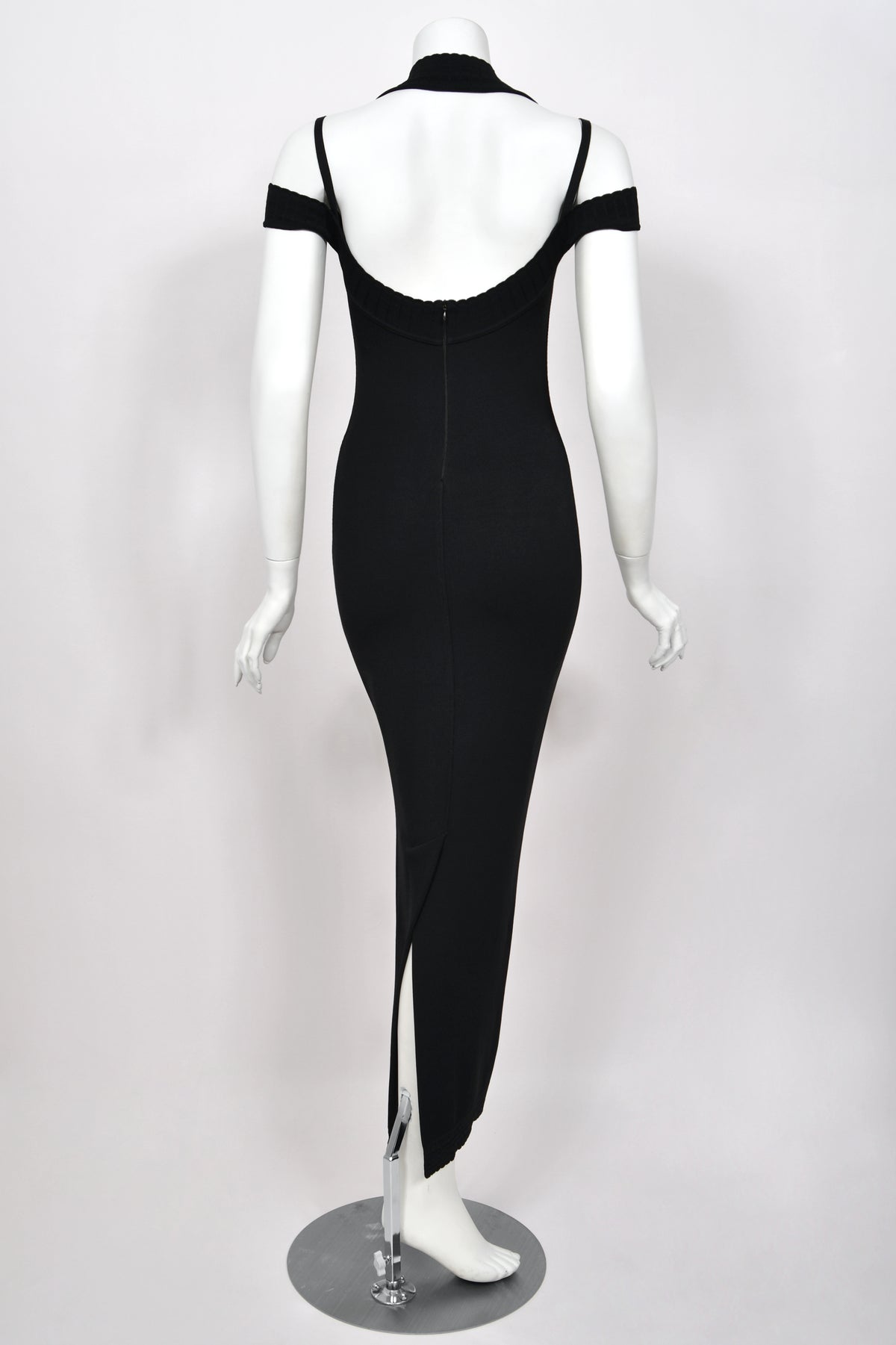 1992 Azzedine Alaia Black Stretch Knit Cold-Shoulder Halter Bodycon Maxi Dress
