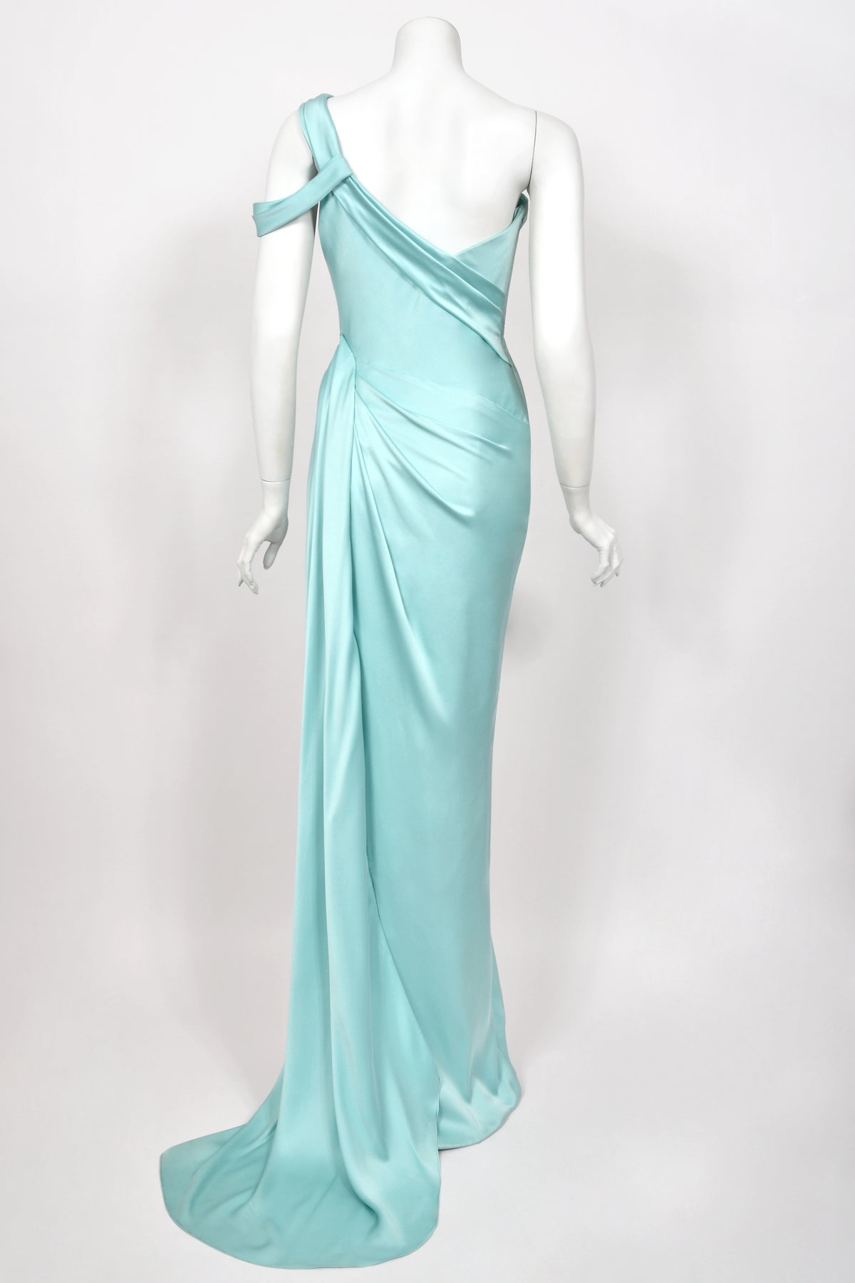 2017 Ralph & Russo Haute Couture Runway Aqua Blue Satin Cut-Out Draped High Slit Gown