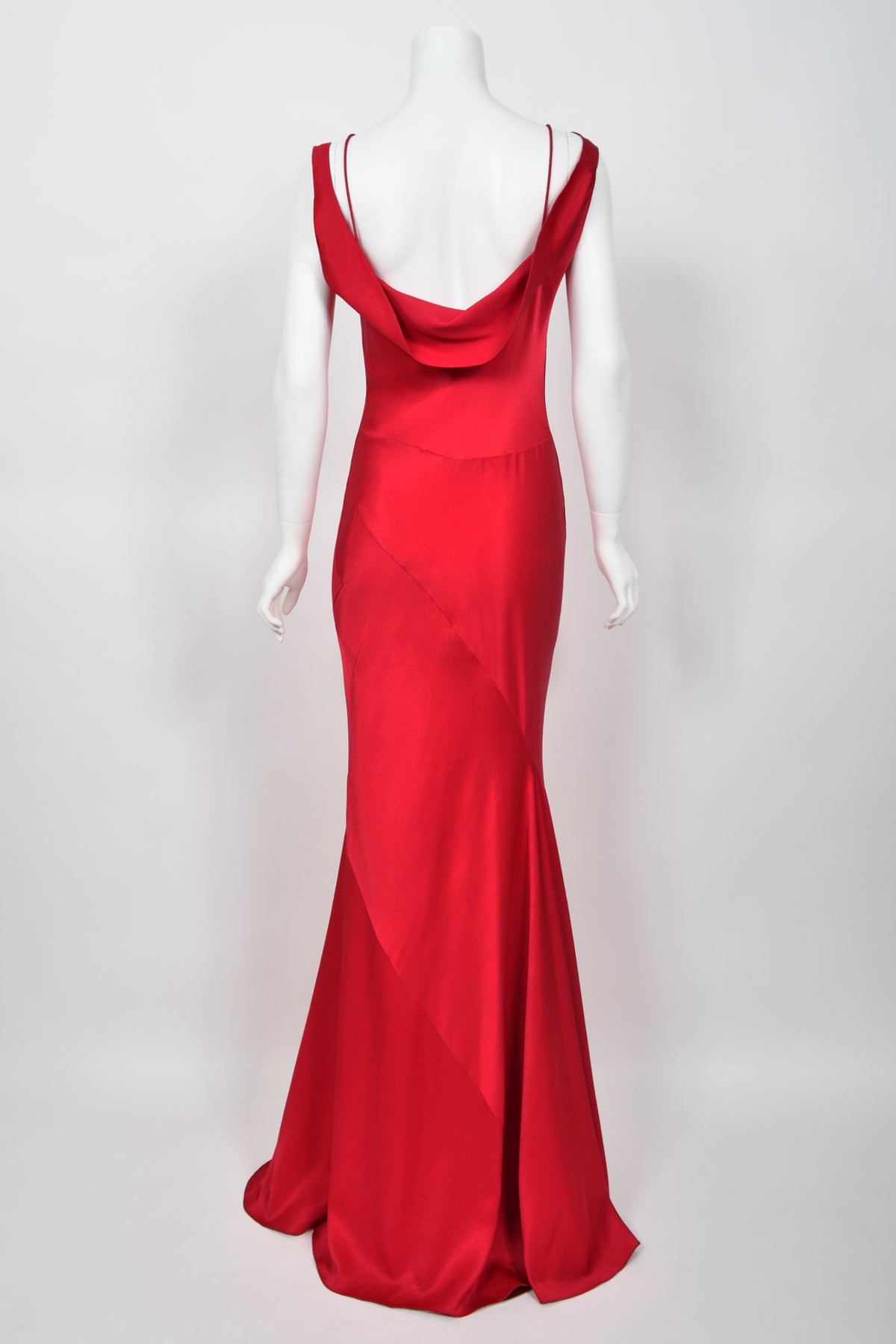 1994 John Galliano Ruby Red Off Shoulder Bias-Cut Gown Worn by Raquel Welch