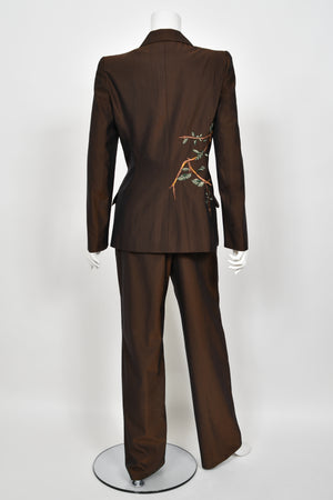 1998 Alexander McQueen for Givenchy Brown Wool Embroidered Birds Blazer Pantsuit