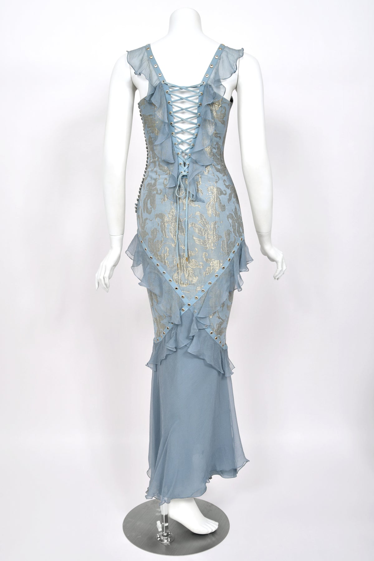 2003 Christian Dior by John Galliano Metallic Powder Blue Floral Silk Brocade Lace Up Bias-Cut Gown