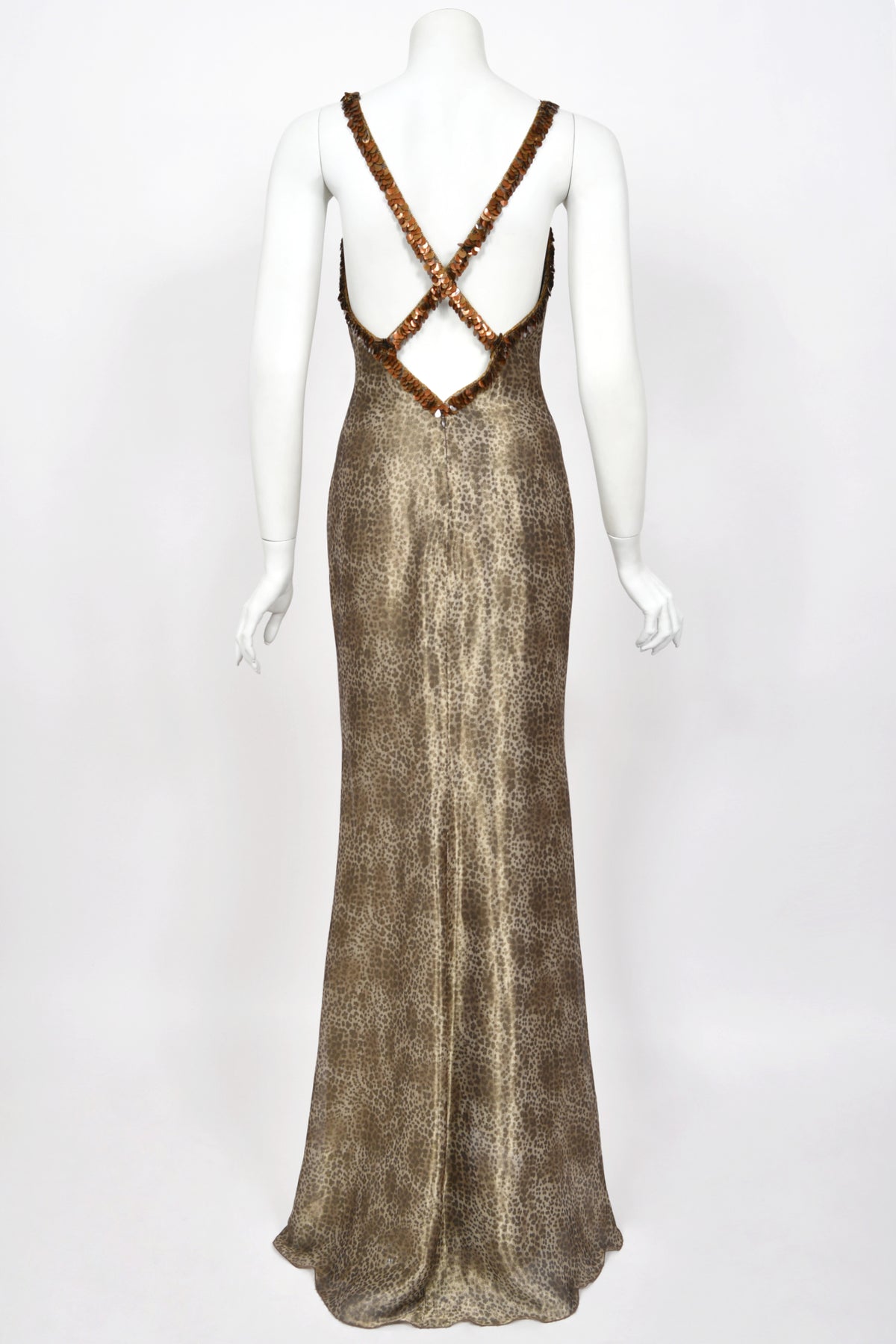 1998 Valentino Runway Semi-Sheer Leopard Print Shimmer Silk Beaded Slip Gown