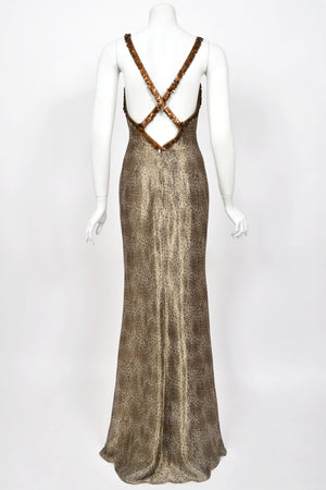 1998 Valentino Runway Semi-Sheer Leopard Print Shimmer Silk Beaded Slip Gown