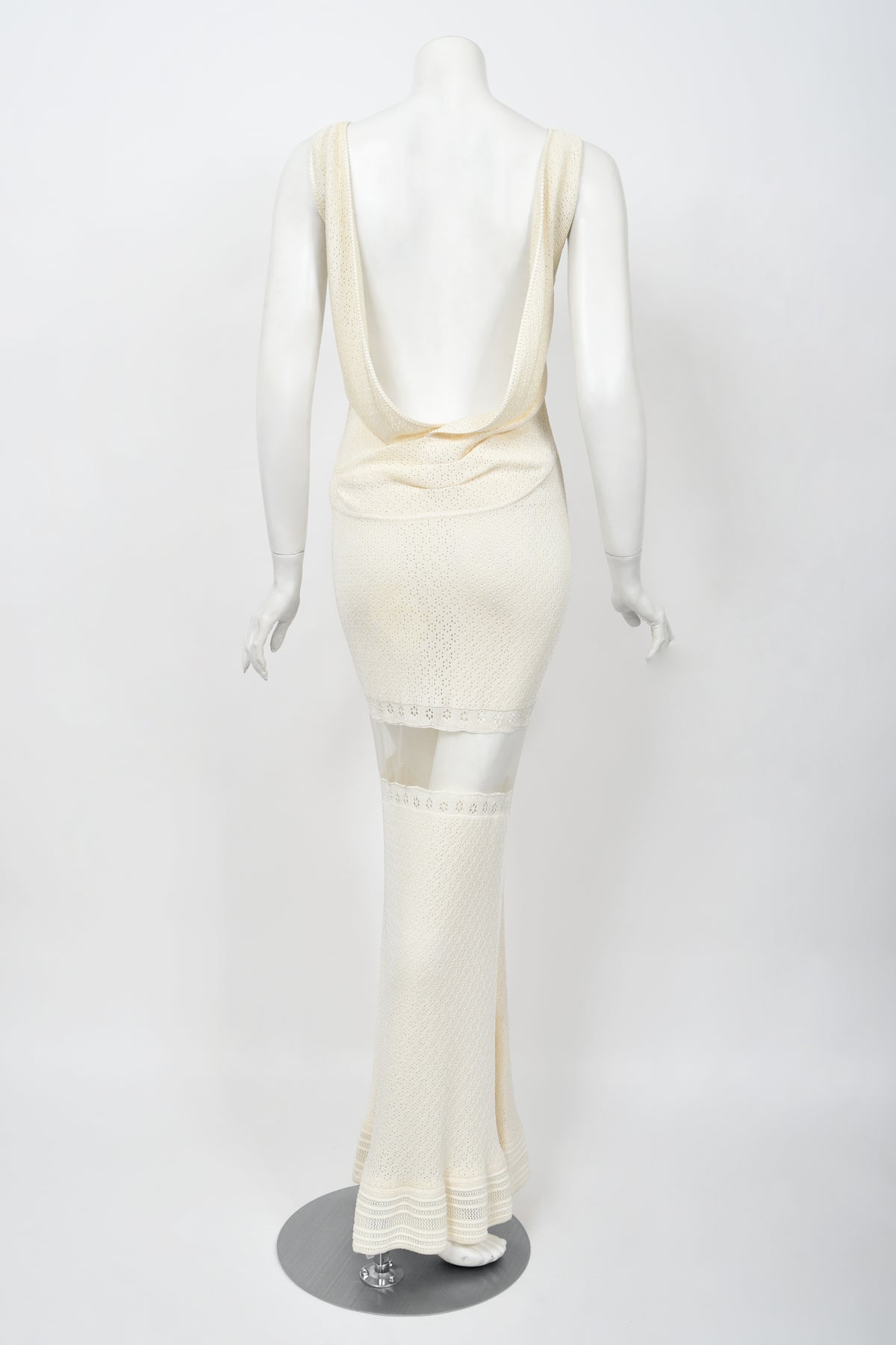 1998 John Galliano Documented Runway Ivory Stretch Knit Sheer Bias-Cut Backless Gown