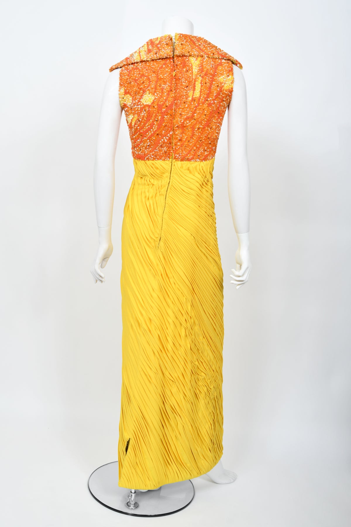 1968 La Mendola Heavily Pleated Yellow Silk-Jersey Beaded Glamour Gown