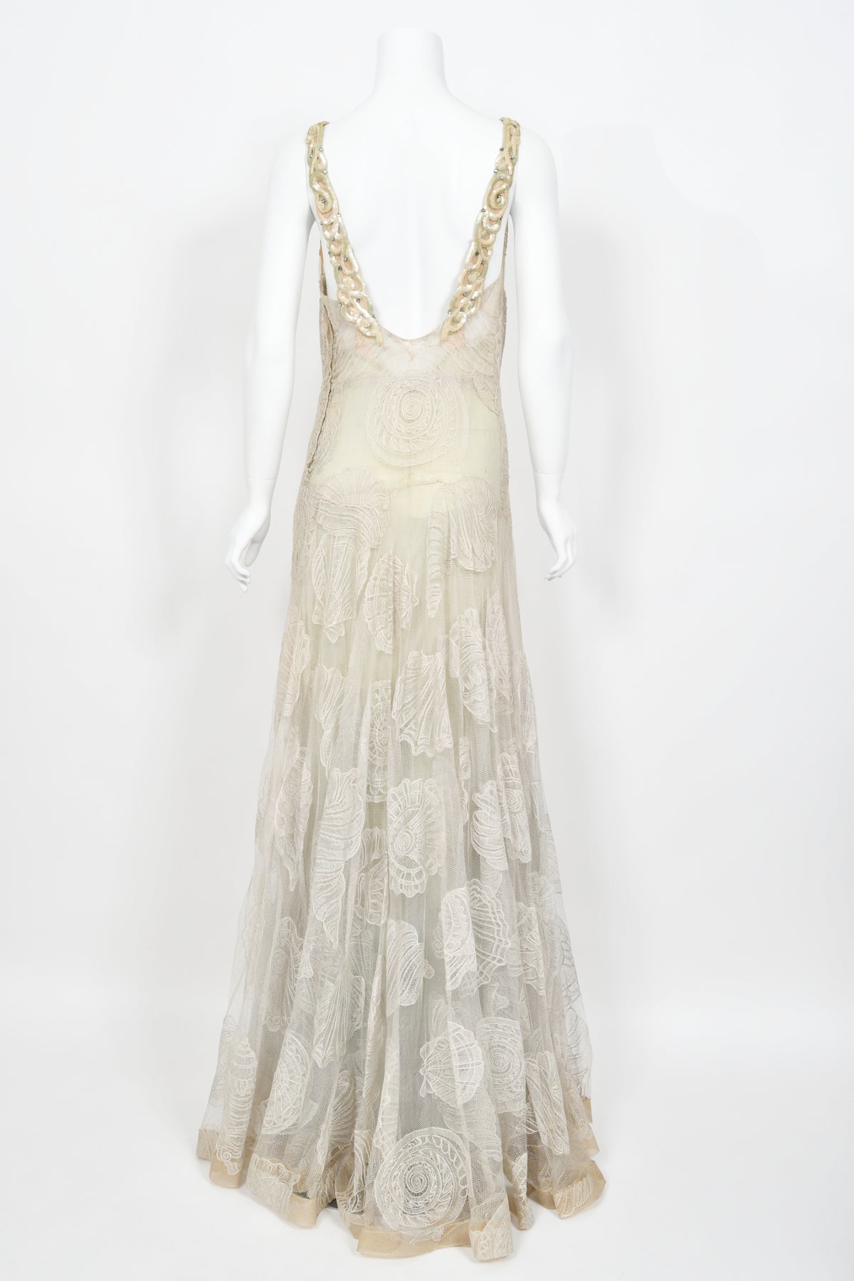 1932 Worth Couture for Elizabeth Arden Sequin Ivory Seashell Motif Lace Gown