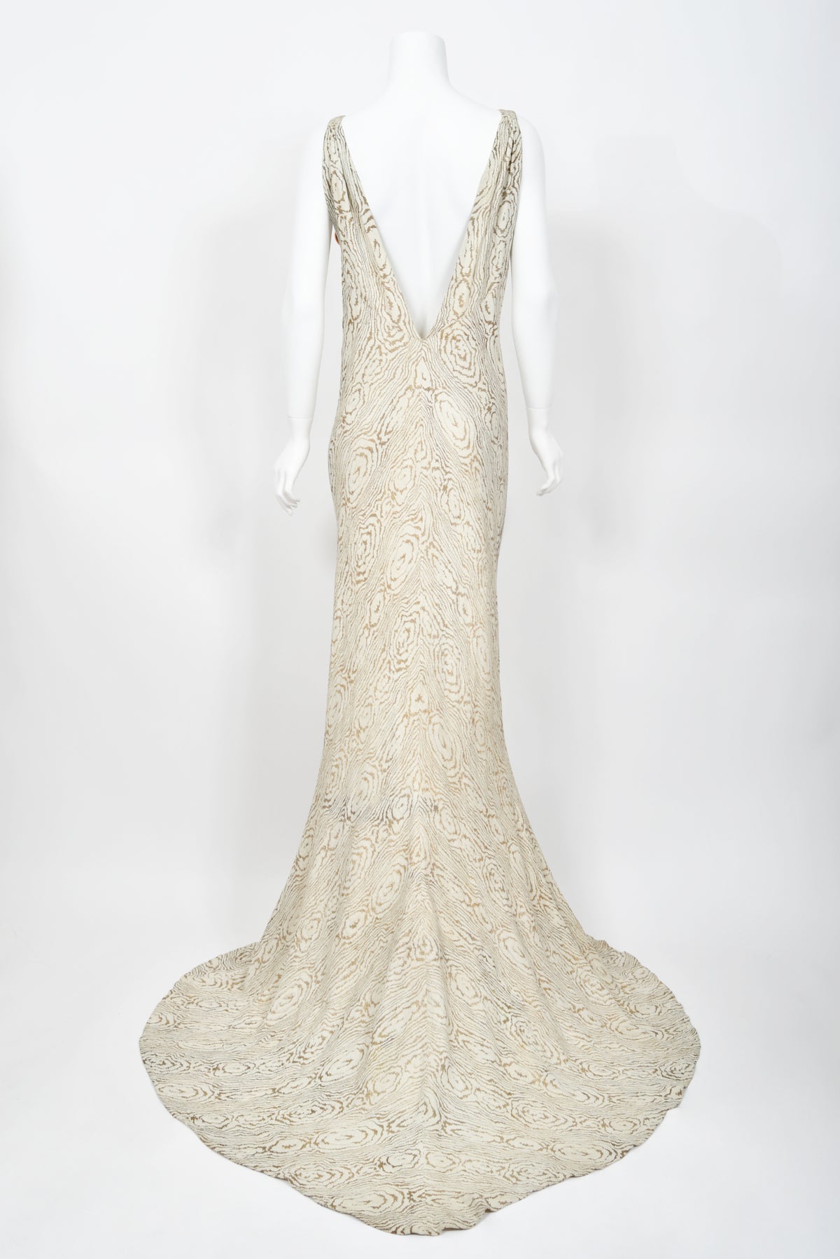 1930's Metallic Wood-Patterned Lamé Deco Appliqué Bias-Cut Trained Bridal Gown