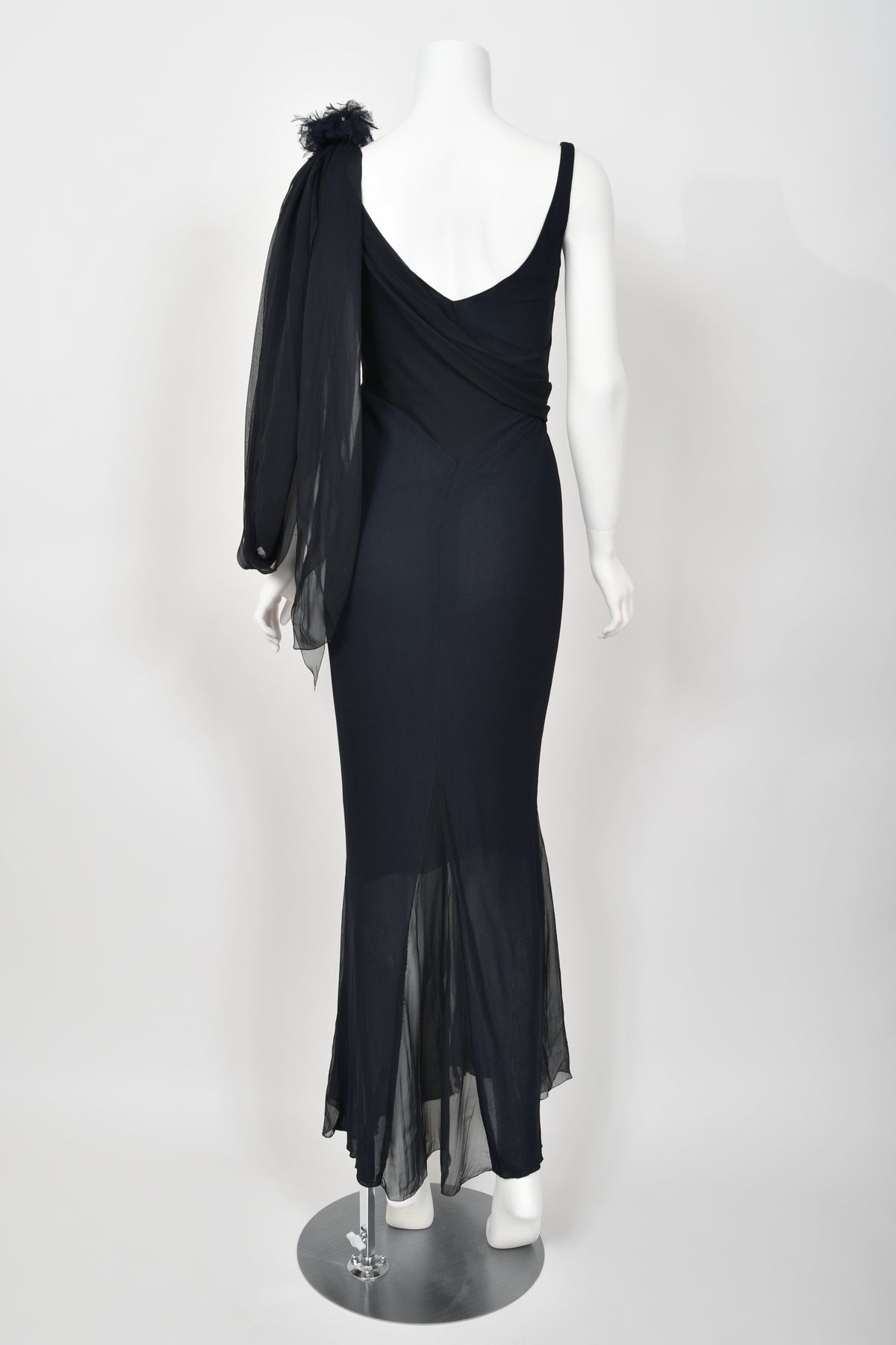 2002 Chanel Cruise Collection Midnight Blue Silk Chiffon Draped Bias-Cut Gown