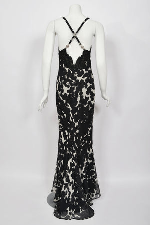 1996 Gianni Versace Couture Documented Black White Silk Lace-Bust Lingerie Gown