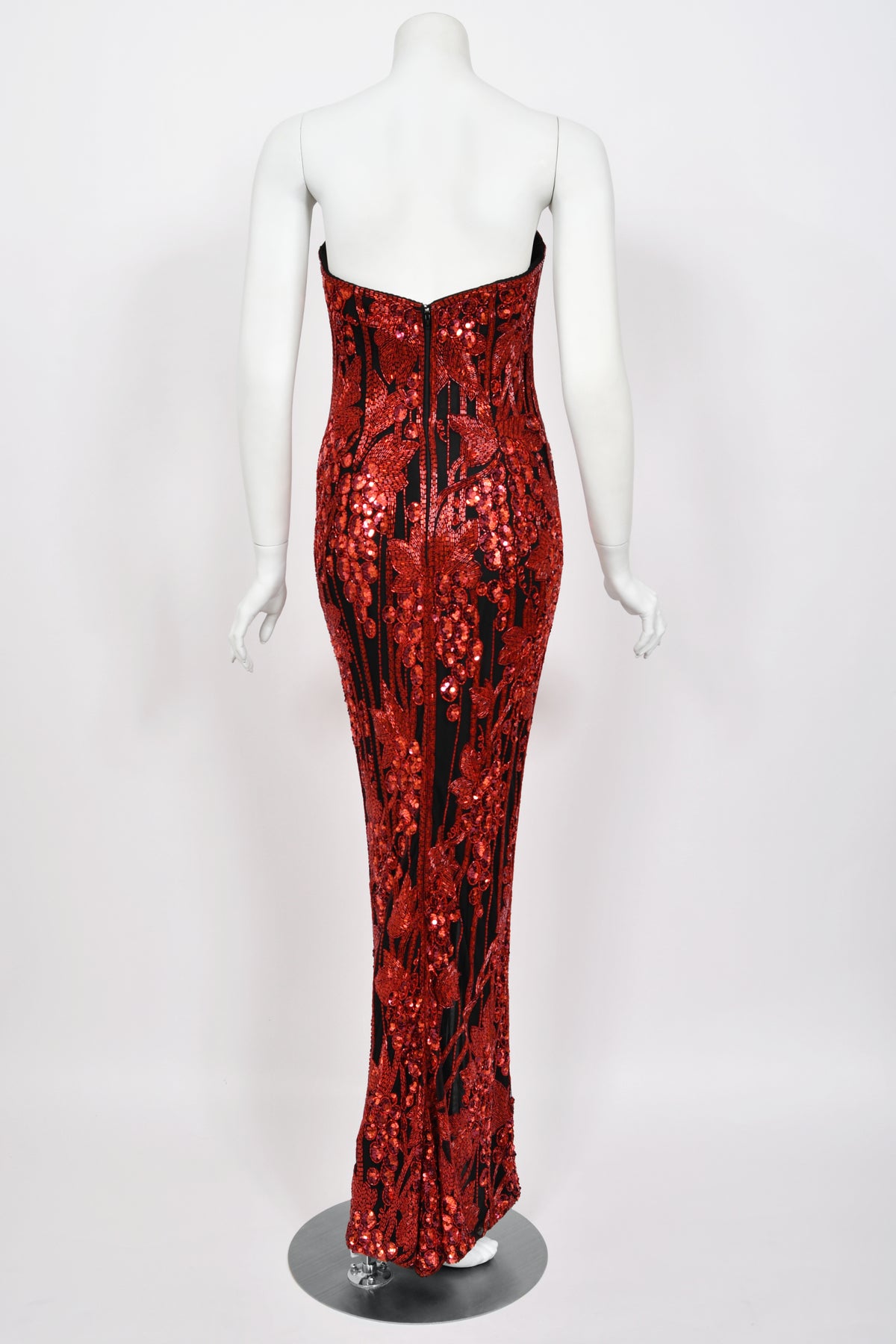 1990 Bob Mackie Red Grapevines Beaded Sequin Silk Strapless Hourglass Slit Gown