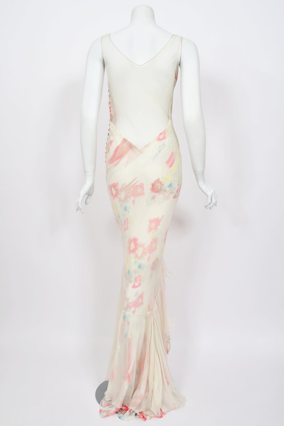2008 John Galliano &#39;Grey Gardens&#39; Collection Floral Silk High Low Bias-Cut Gown