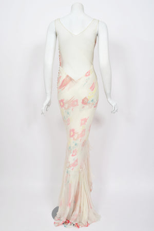 2008 John Galliano 'Grey Gardens' Collection Floral Silk High Low Bias-Cut Gown