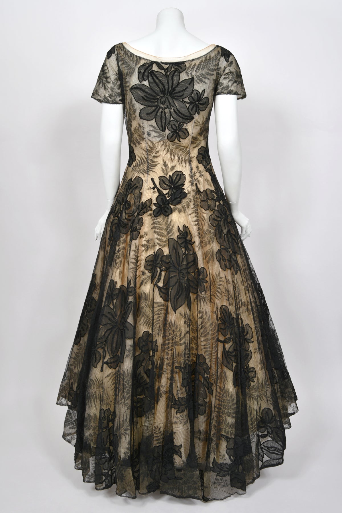 1950’s Hattie Carnegie Couture Large-Scale Black Floral Chenille Lace Full Skirted High-Low Gown