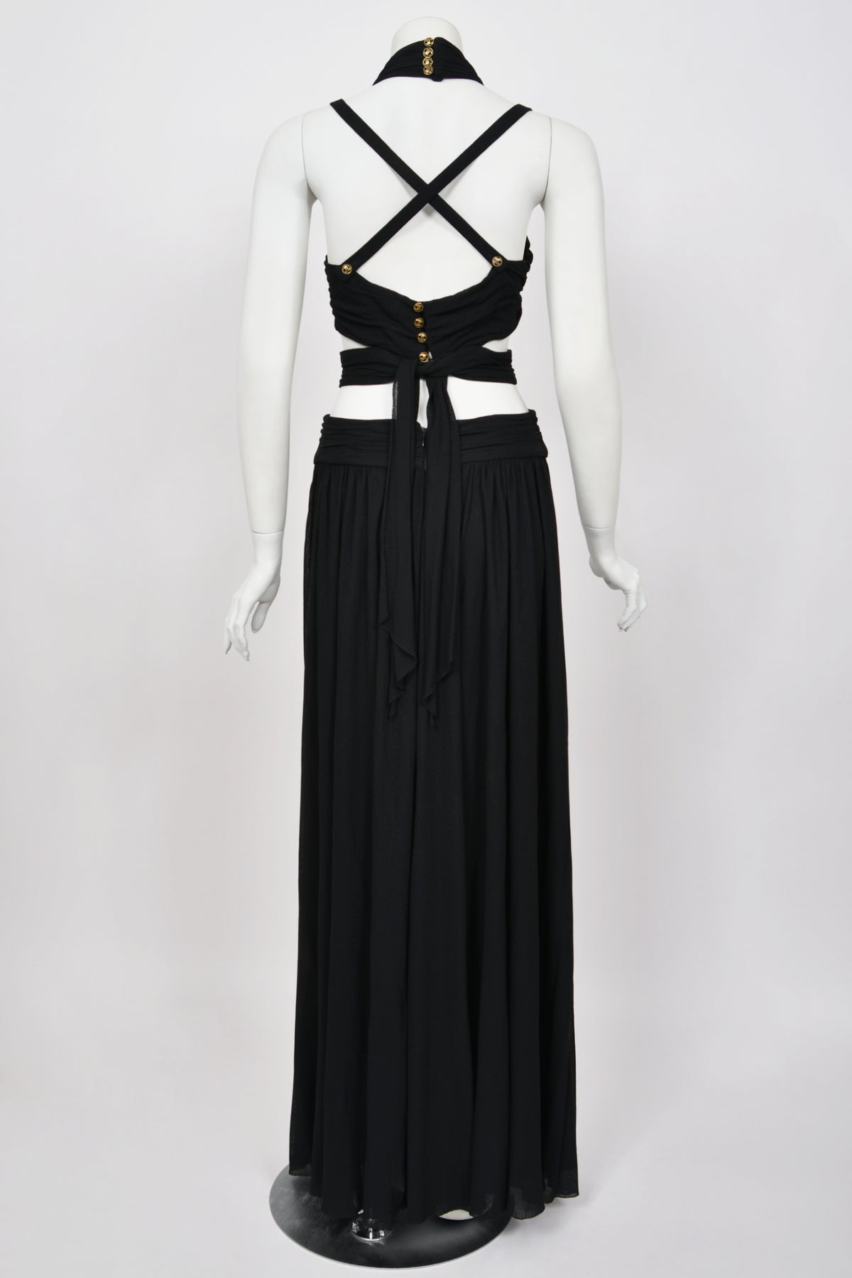 1995 Chanel by Karl Lagerfeld Iconic Runway Campaign Black Cut-Out High Slit Maxi Dress