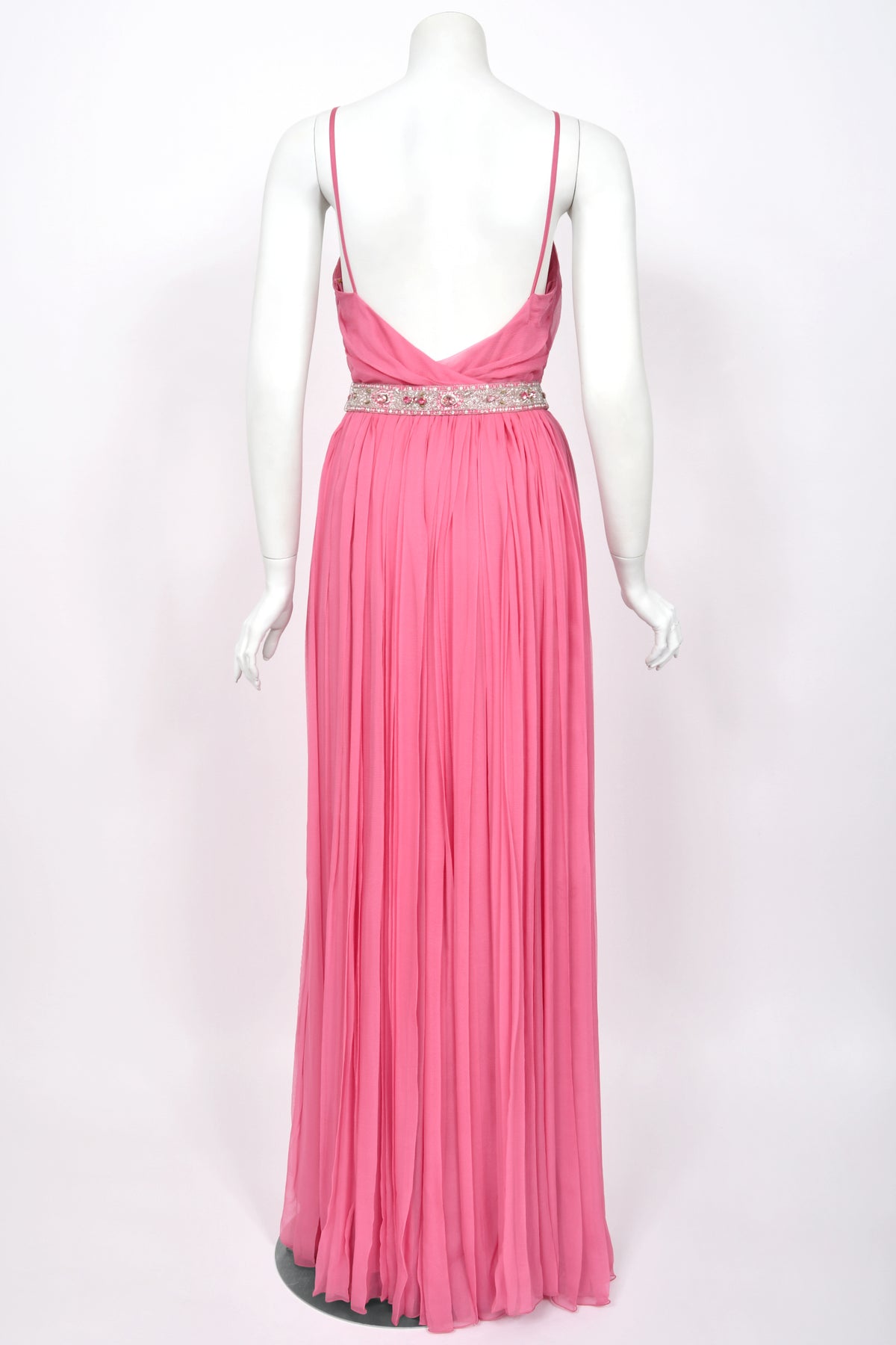 2008 Christian Dior by John Galliano Resort Pink Silk Low-Cut Jeweled Belt Pleated Gown